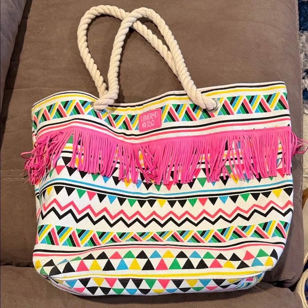 Girls Limited Too Multicolor Geometric Fringe Tote Bag